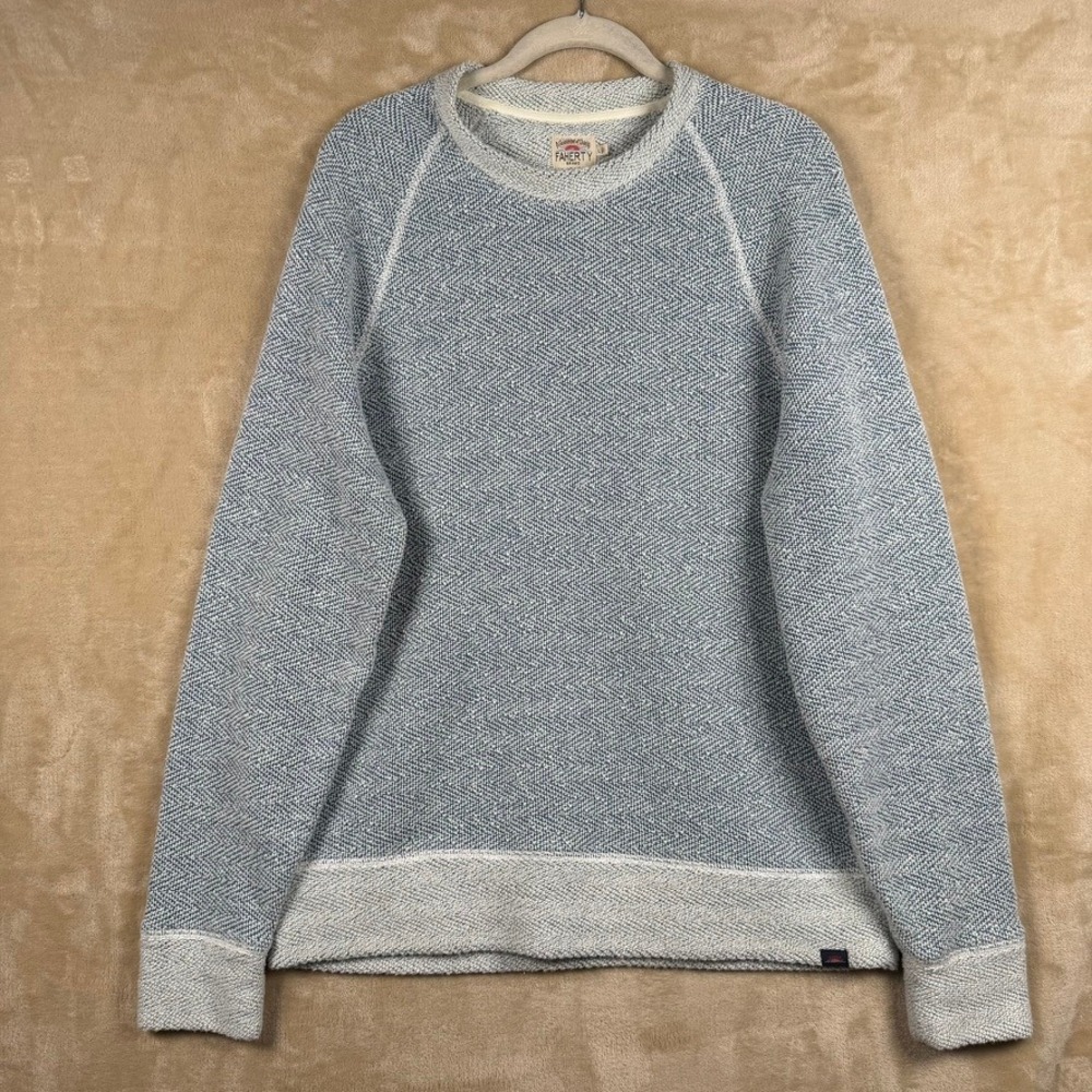 Faherty Brand Mens Large Blue White Herringbone Raglan Crewneck Sweatshirt
